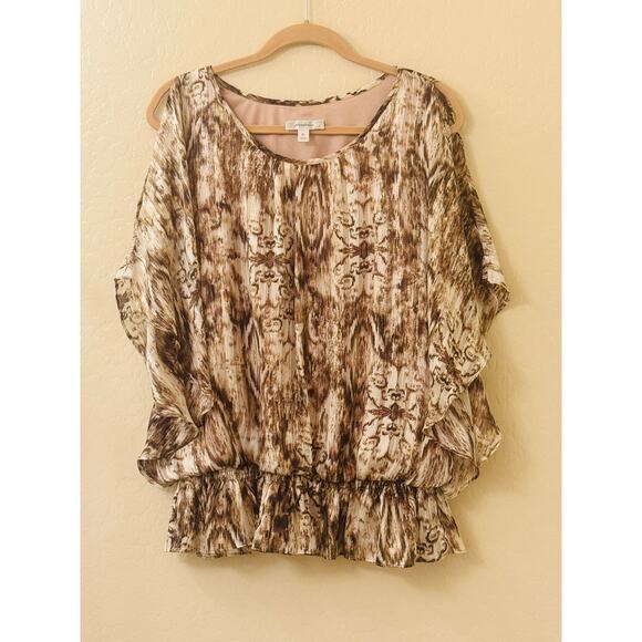 DressBarn Brown Tan Blouse Peekaboo Bell Sleeve Lined Elastic Hip Band Size XL - Picture 5 of 13